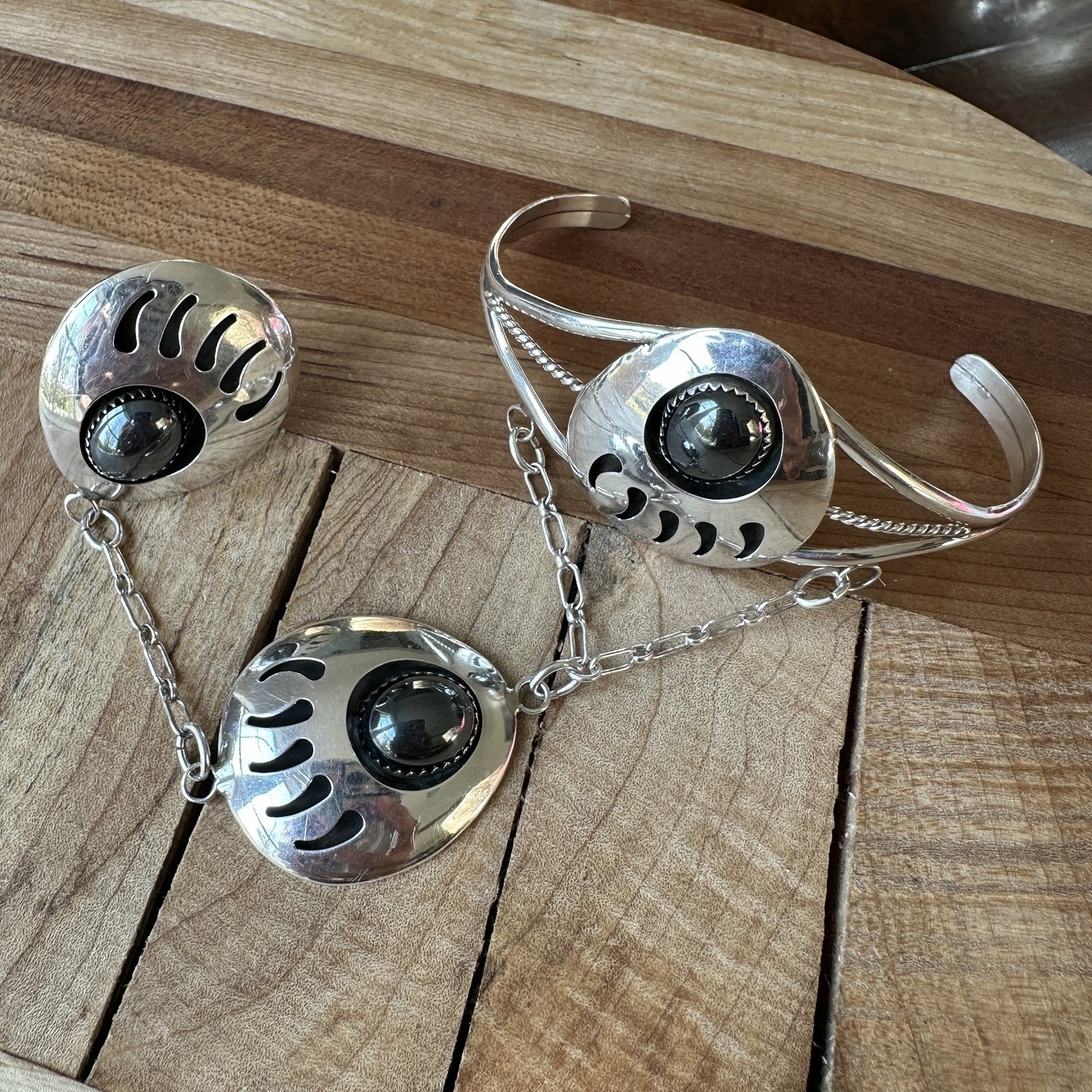 Native American Cuff 6.75 Bracelet W 8.25 Ring Bear Paw Hematite Sterling 26.3g